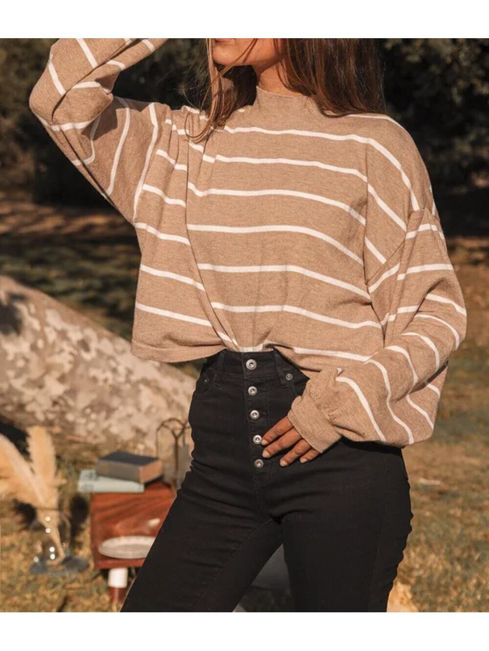 Lulu's Cozy Tan Striped Knit Ballon Sleeve Crop Sweater Size S